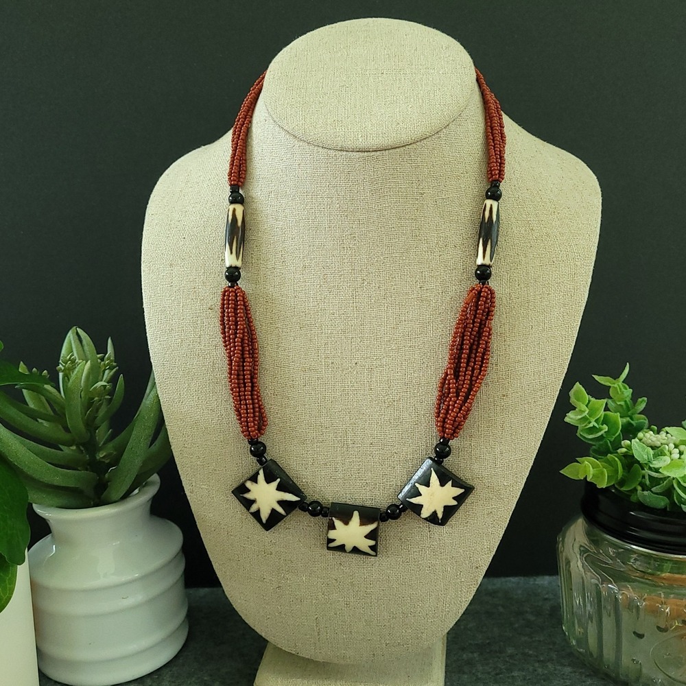 Modernist Tribal Bone Starburst Crimson Multi Strand Statement Necklace 19in